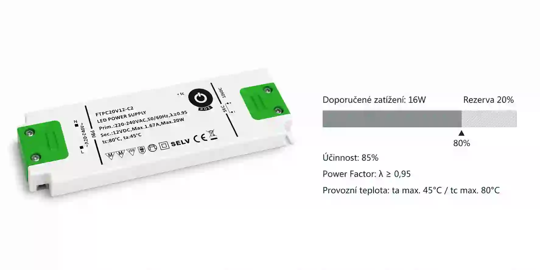 Výkonová rezerva nábytkového LED zdroje 12V 20W FTPC20V12 s doporučeným trvalým zatížením  16W a účinností 85 procent